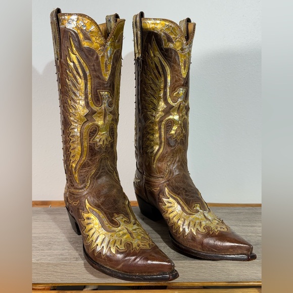 Old Gringo Shoes - Vintage Old Gringo Women’s Eagle Western Boots Size 9.5 B Gold & Silver Overlay